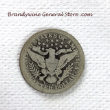 A 1903-O Silver Barber Quarter for sale by Brandywine General Store, the coin is in good condition reverse side