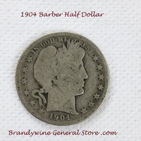 A 1904 Barber Half dollar coin in good condition for sale by Brandywine General Store