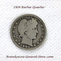 A 1904 Barber Quarter in good condition for sale by Brandywine General Store. This 25 cent piece contains .18084 oz of pure silver