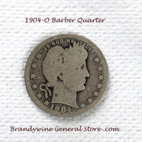 A 1904-O Silver Barber Quarter for sale by Brandywine General Store, the coin is in good condition