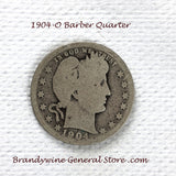A 1904-O Silver Barber Quarter for sale by Brandywine General Store, the coin is in good condition