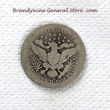 A 1904-O Silver Barber Quarter for sale by Brandywine General Store, the coin is in good condition reverse side