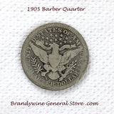 A 1905 Barber Quarter in good condition for sale by Brandywine General Store. This 25 cent piece contains .18084 oz of pure silver reverse side