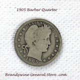 A 1905 Barber Quarter in good condition for sale by Brandywine General Store. This 25 cent piece contains .18084 oz of pure silver