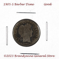 A 1905-S Barber silver dime for sale by Brandywine General Store