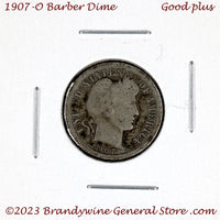 A 1907-O Barber silver dime for sale by Brandywine General Store in good plus condition