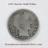 A 1907 Barber Half dollar coin in good condition for sale by Brandywine General Store