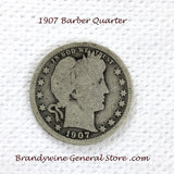 A 1907 Silver Barber Quarter for sale by Brandywine General Store, the coin is in good condition