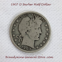 A 1907-D Barber Half dollar coin in good condition for sale by Brandywine General Store