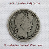 A 1907-D Barber Half dollar coin in good condition for sale by Brandywine General Store