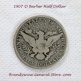 A 1907-D Barber Half dollar coin in good condition for sale by Brandywine General Store reverse side of coin