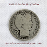 A 1907-D Barber Half dollar coin in good condition for sale by Brandywine General Store