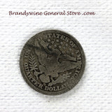 A 1907-O Silver Barber Quarter for sale by Brandywine General Store, the coin is in good condition reverse side