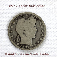 A 1907-S Barber Half dollar coin in good condition for sale by Brandywine General Store