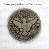 A 1907-S Barber Half dollar coin in good condition for sale by Brandywine General Store reverse of coin