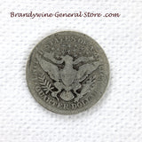 A 1908 Barber Quarter in good condition for sale by Brandywine General Store. This 25 cent piece contains .18084 oz of pure silver reverse side