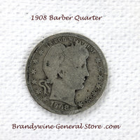A 1908 Barber Quarter in good condition for sale by Brandywine General Store. This 25 cent piece contains .18084 oz of pure silver
