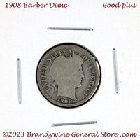 A 1908 Barber silver dime for sale by Brandywine General Store in good plus condition