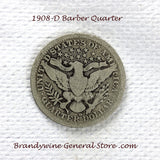 A 1908-D Barber Quarter in good condition for sale by Brandywine General Store reverse of coin