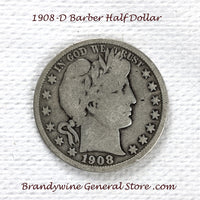 A 1908-D Barber Half dollar coin in very good condition for sale by Brandywine General Store