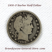 A 1908-O Barber Half dollar coin for sale by Brandywine General Store in good plus condition