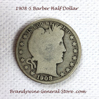 A 1908-S Barber Half dollar coin in about good - good condition for sale by Brandywine General Store