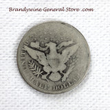 A 1908-S Barber Half dollar coin in about good - good condition for sale by Brandywine General Store reverse side of coin