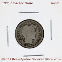 A 1908-S Barber silver dime in good condition for sale by Brandywine General Store