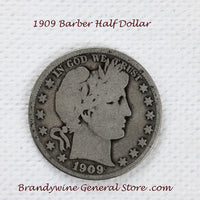 A 1909 Barber Half dollar coin in good plus condition for sale by Brandywine General Store