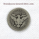 A 1909 Silver Barber Quarter for sale by Brandywine General Store, the coin is in good condition reverse side