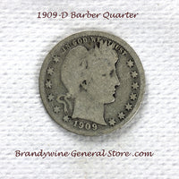 A 1909-D Silver Barber Quarter for sale by Brandywine General Store, the coin is in good condition.
