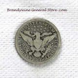 A 1909-D Silver Barber Quarter for sale by Brandywine General Store, the coin is in good condition reverse side