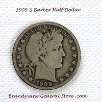A 1909-S Barber Half dollar coin in good plus condition for sale by Brandywine General Store