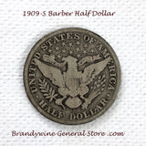 A 1909-S Barber Half dollar coin in good plus condition for sale by Brandywine General Store reverse side of coin