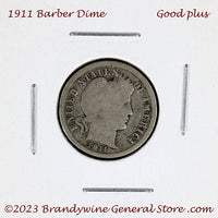 A 1911 Barber silver dime in good condition for sale by Brandywine General Store in good plus condition