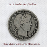A 1911 Barber Half dollar coin in good plus condition for sale by Brandywine General Store.