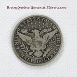 A 1911 Barber Half dollar coin in good plus condition for sale by Brandywine General Store. reverse side of coin