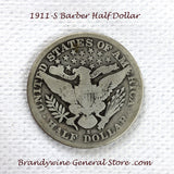 A 1911-S Barber Half dollar coin in good condition for sale by Brandywine General Store reverse side of coin