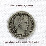 A 1912 Silver Barber Quarter for sale by Brandywine General Store, the coin is in very good condition
