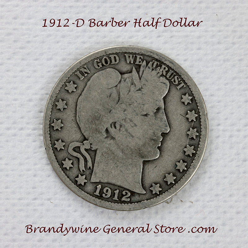 A 1912-D Barber Half dollar coin in good plus condition for sale by Brandywine General Store