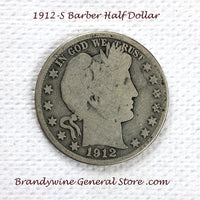 A 1912-S Barber Half dollar coin in good condition for sale by Brandywine General Store