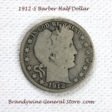 A 1912-S Barber Half dollar coin in good condition for sale by Brandywine General Store