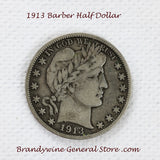 A 1913 Barber Half dollar coin in fine condition for sale by Brandywine General Store a key coin to the series