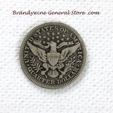 A 1914 Silver Barber Quarter for sale by Brandywine General Store, the coin is in very good condition reverse side