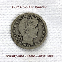 A 1914-D Silver Barber Quarter for sale by Brandywine General Store, the coin is in good plus condition