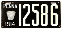 A single antique 1914 Pennsylvania passenger car license plate for sale by Brandywine General Store in very good plus condition
