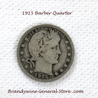 A 1915 Silver Barber Quarter for sale by Brandywine General Store, the coin is in very good condition
