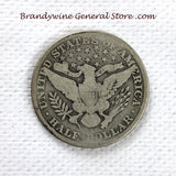 A 1915-S Barber Half dollar coin in good plus condition for sale by Brandywine General Store reverse of the coin