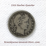 A 1916 Silver Barber Quarter for sale by Brandywine General Store, the coin is in very good condition