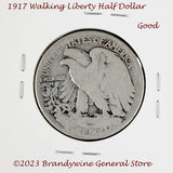 A 1917 Walking Liberty Half Dollar coin in good condition reverse of coin